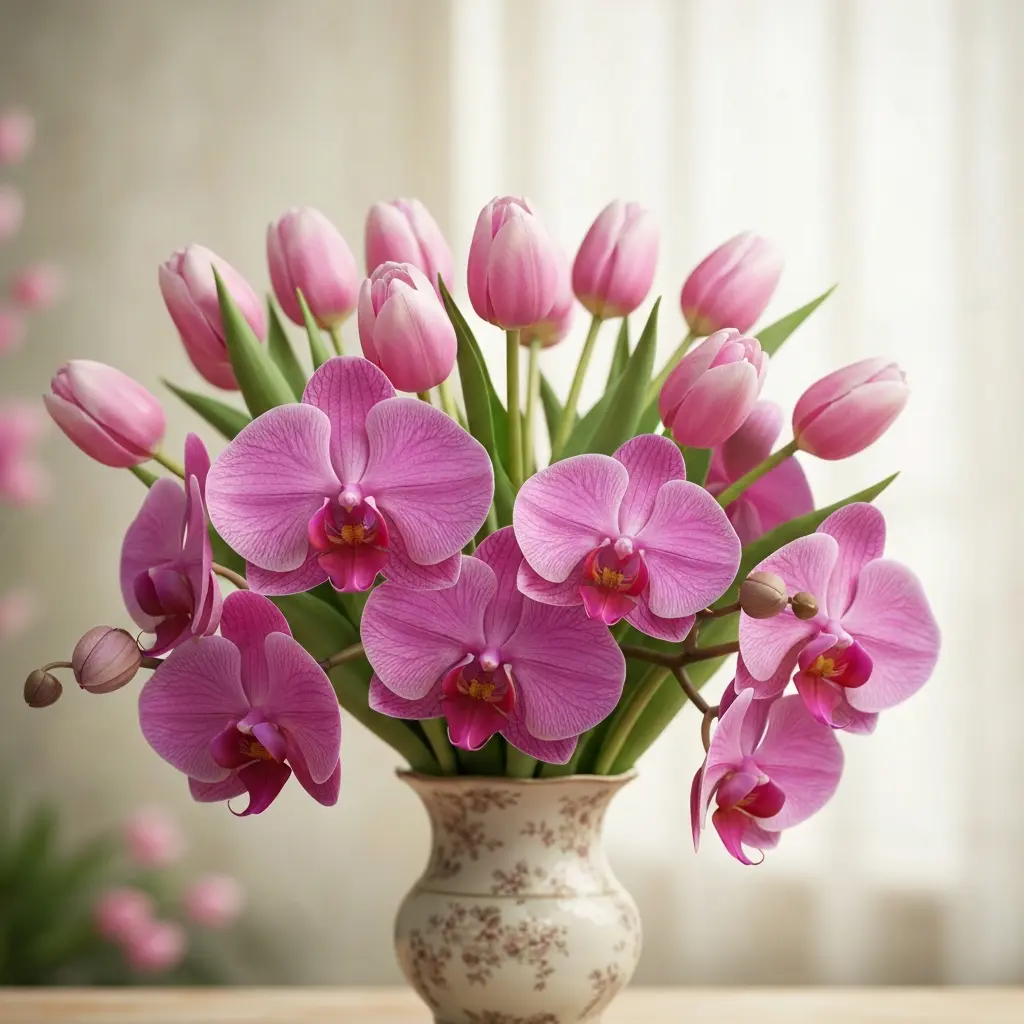Sonsuz Aşk - Pembe orkide ve laleler buketi